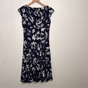 Lauren Ralph Lauren Navy Blue Floral Cap Sleeve Tropical Stretchy Dress Size 2